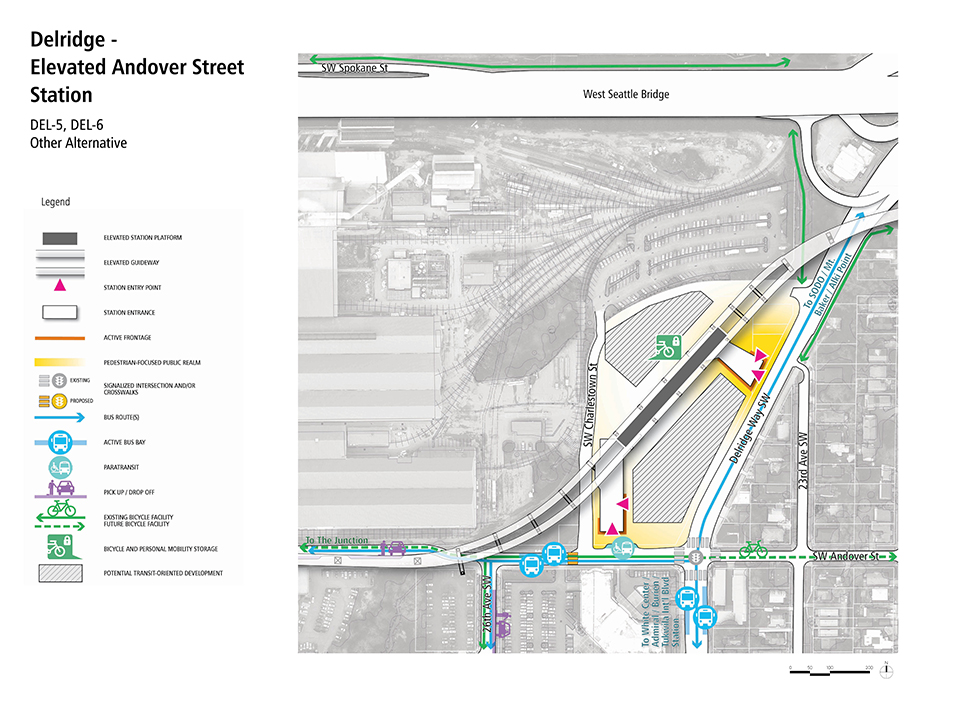 A map that describes how pedestrians, bus riders, bicyclists, and drivers could access the Delridge - Elevated Andover Street Station Alternative.